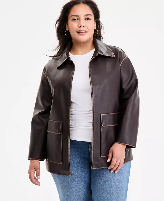 Plus Size Zip-Front Faux-Leather Coat