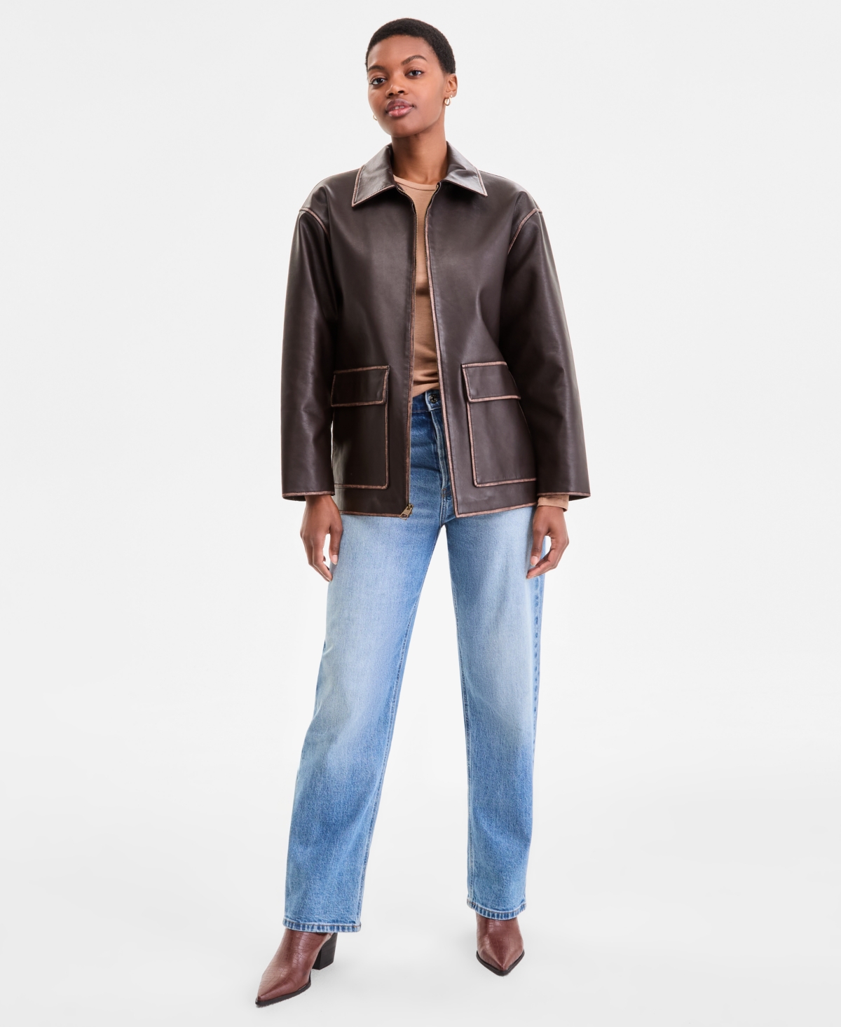 Bcbgmaxazria Petite Zip-front Leather Jacket In Brown