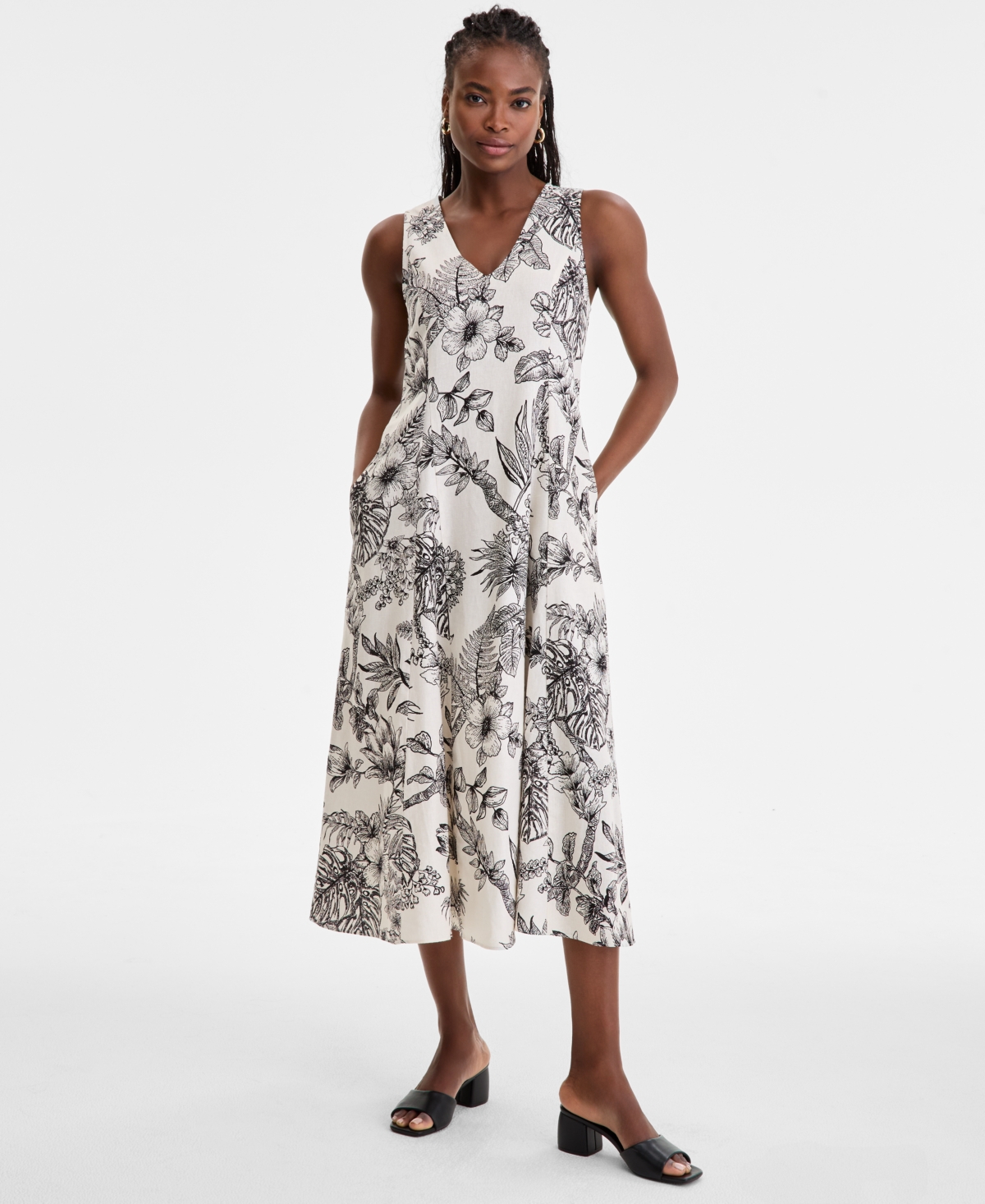 Women's Godet Floral-Print V-Neck A-Line Dress - Cream Black