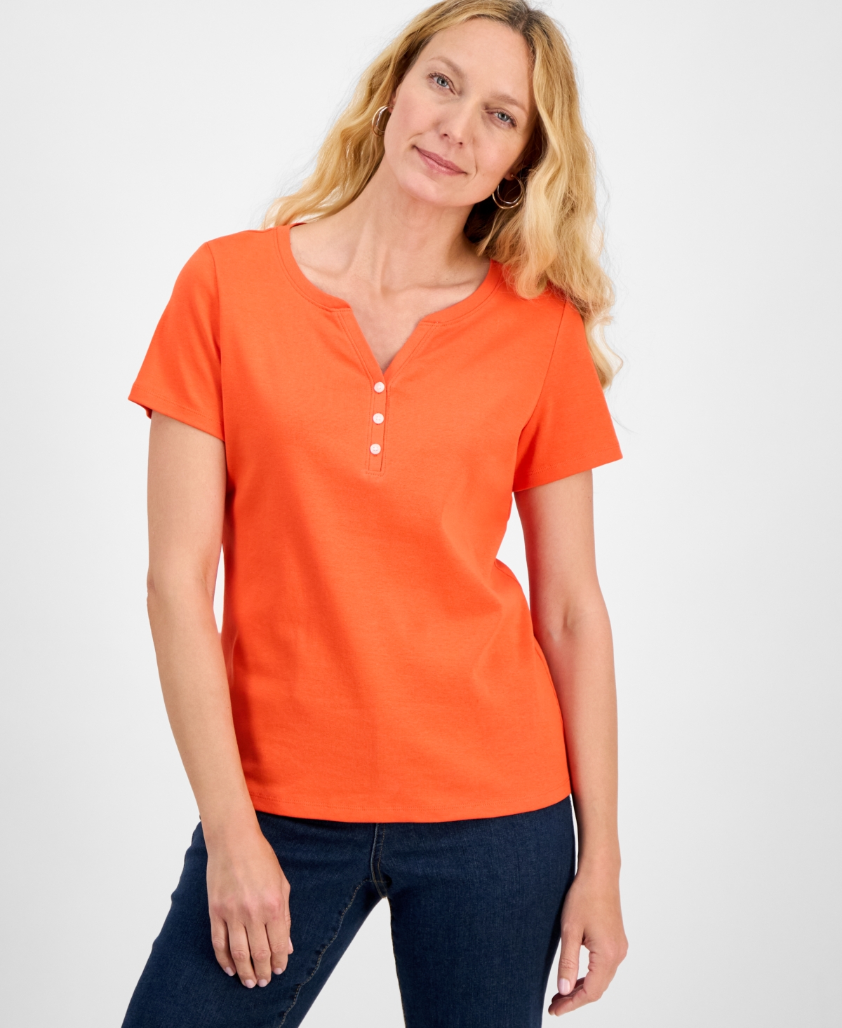 Style & Co Women's Short-Sleeve Cotton Henley Top, Exclusively at Macy's - Atomic Orange