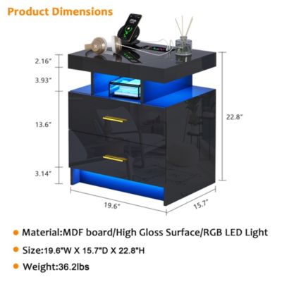 22.8" Wood LED Nightstand RGB Lights Auto Sensor Charging Station
