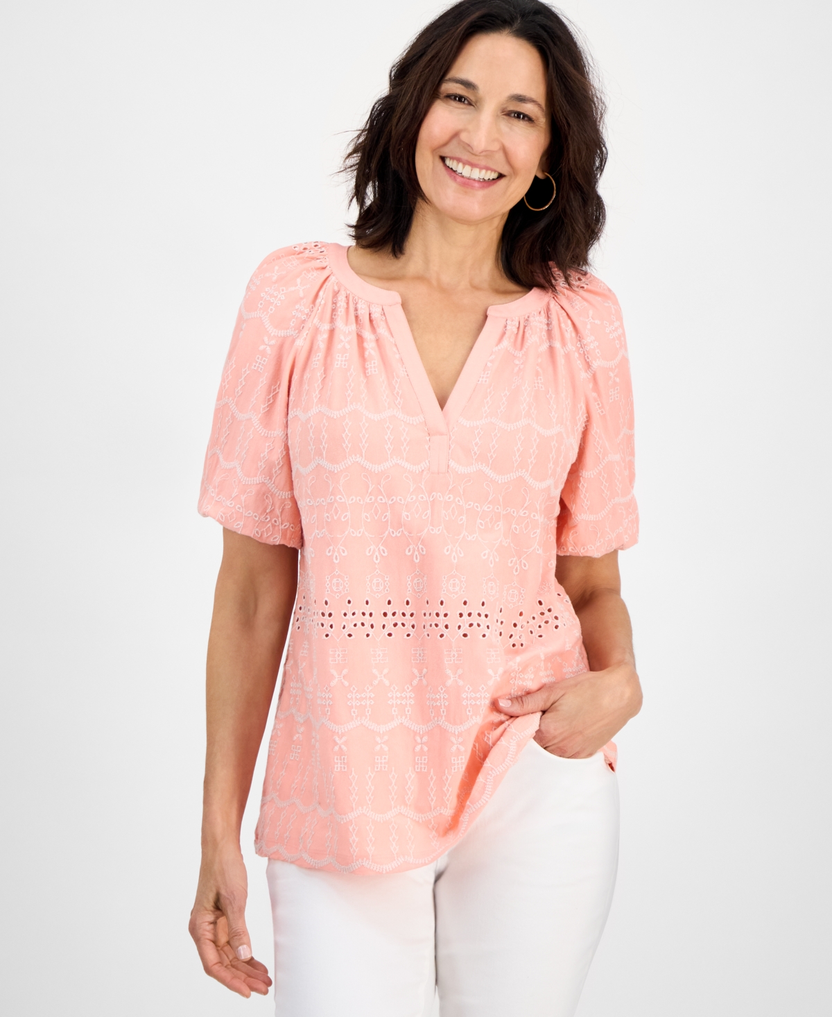 Women's Eyelet Split-Neck Blouse, Exclusively at Macy's - Blushing Combo