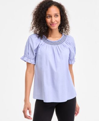 売れ筋商品|||スタイルアンドコー カットソー トップス レディース Women's Cotton Contrast-Stitch Puff-Sleeve Top, Exclusively at Macy's Summer Blue Style & Co Women's Cotton Printed Contrast-Stitch Puff