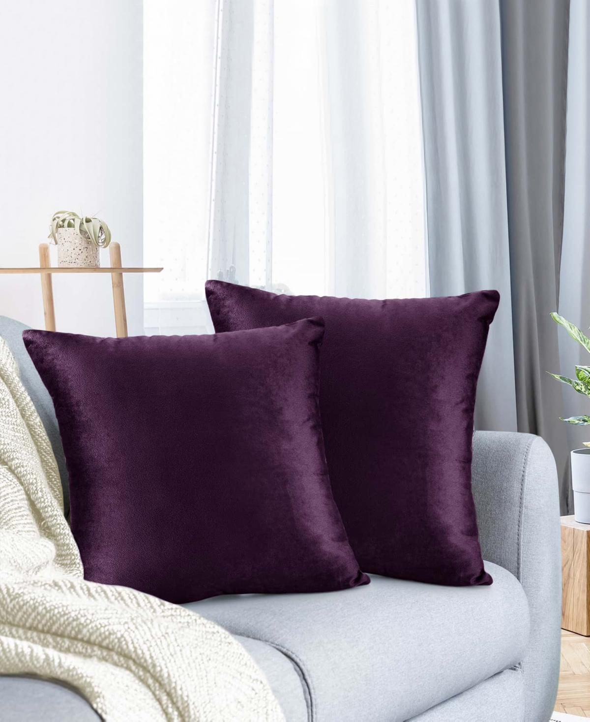 Nestl Elegant 2-pack Velvet Decorative Throw Pillows With Removeable Covers, 16" X 16" In Eggplant Purple