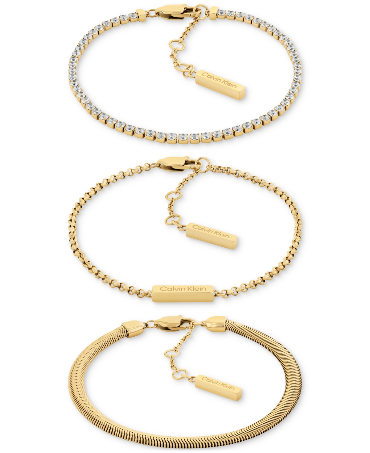 Stainless Steel 3-Pc. Set Crystal Mixed Chain Bracelets - Gold
