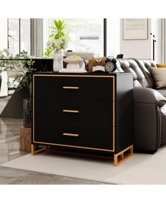 Bedside table with 3 drawers, side table with gold metal handles and feet, end table in black wood, suitable for bedrooms, living rooms, offices