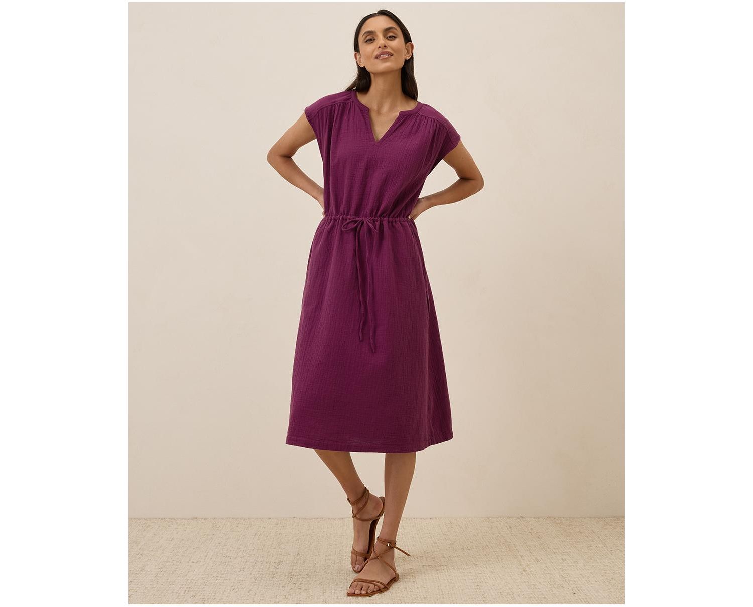 Women's Organic Cotton Coastal Double Gauze Tie Waist Midi Dress