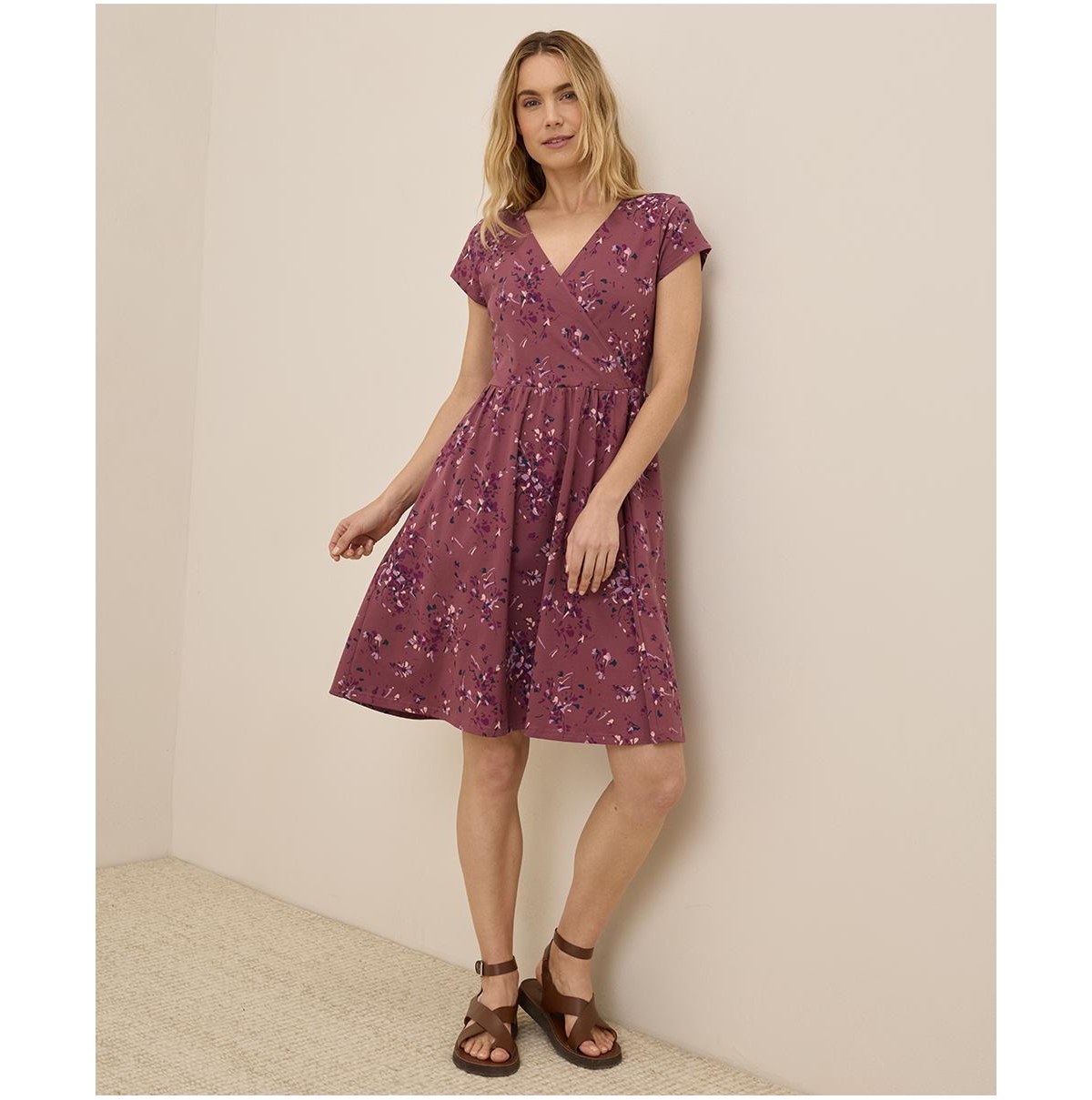 Pact Women's Organic Cotton Fit & Flare Crossover Dress - Dotted sprays mauve