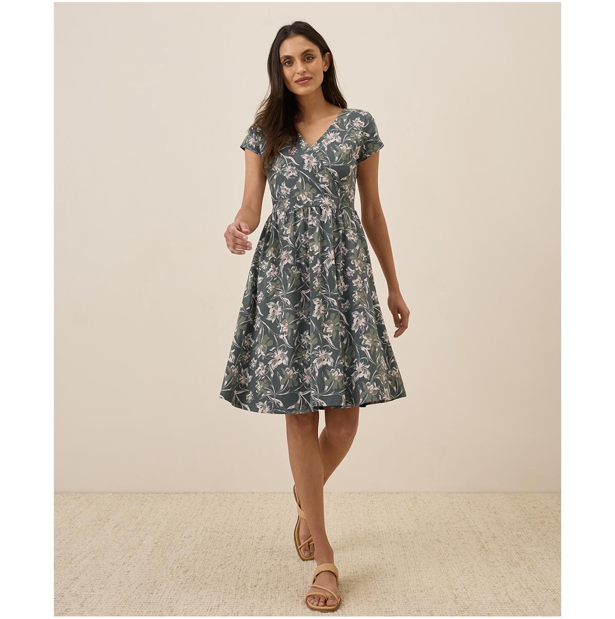 Pact Women's Organic Cotton Fit & Flare Crossover Dress - Vineyard floral castor grey
