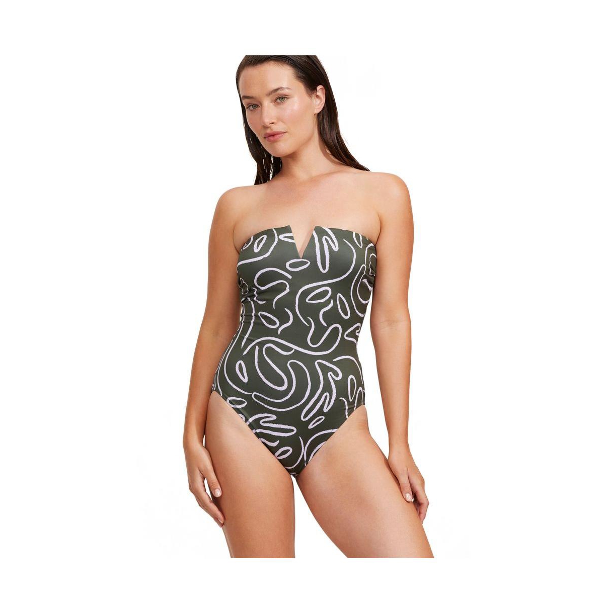Women's Artsy Chic V Wire Bandeau One Piece - Dark olive/ lilac