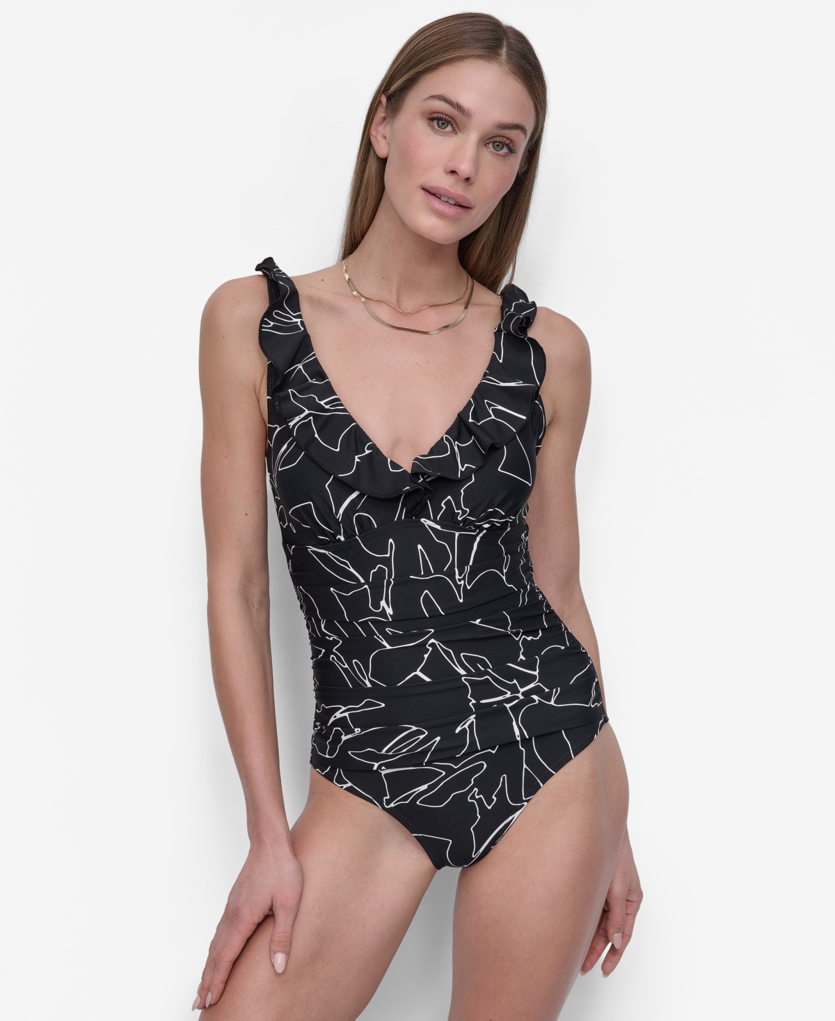 Ruffle Plunge Underwire Tummy Control One-Piece Swimsuit, Created for Macy's - Jumbo Outlined Floral Black Combo