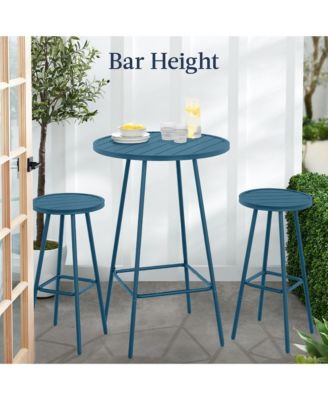 3-Piece Steel Patio Bar Height Round Bistro Set w/ Backless Stools, Slatted Design