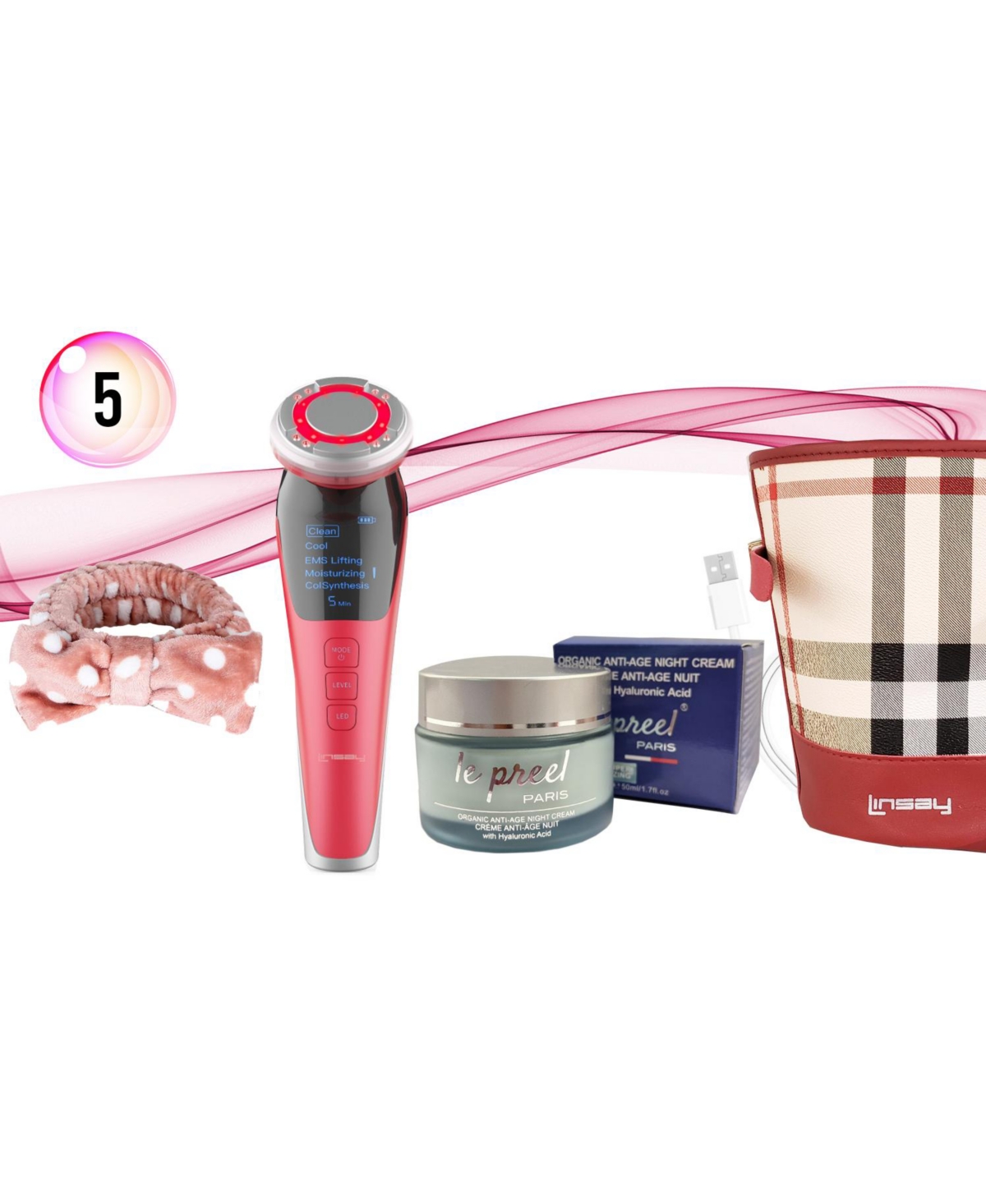 Linsay Rejuvenation Lifting Device Ems Technology Warm and Cool Led Massage Bundle with le preel Paris Night Time Cream, Usb Cable, Headband and Bag