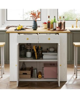 Kitchen Island with Stools, Large Countertop with Drop-Leaf