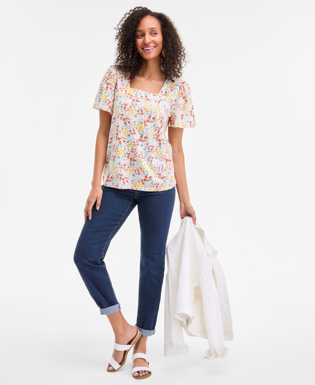 Style & Co Style& Co Women's Printed Square-neck Flutter-sleeve Top, Exclusively At Macy's In White