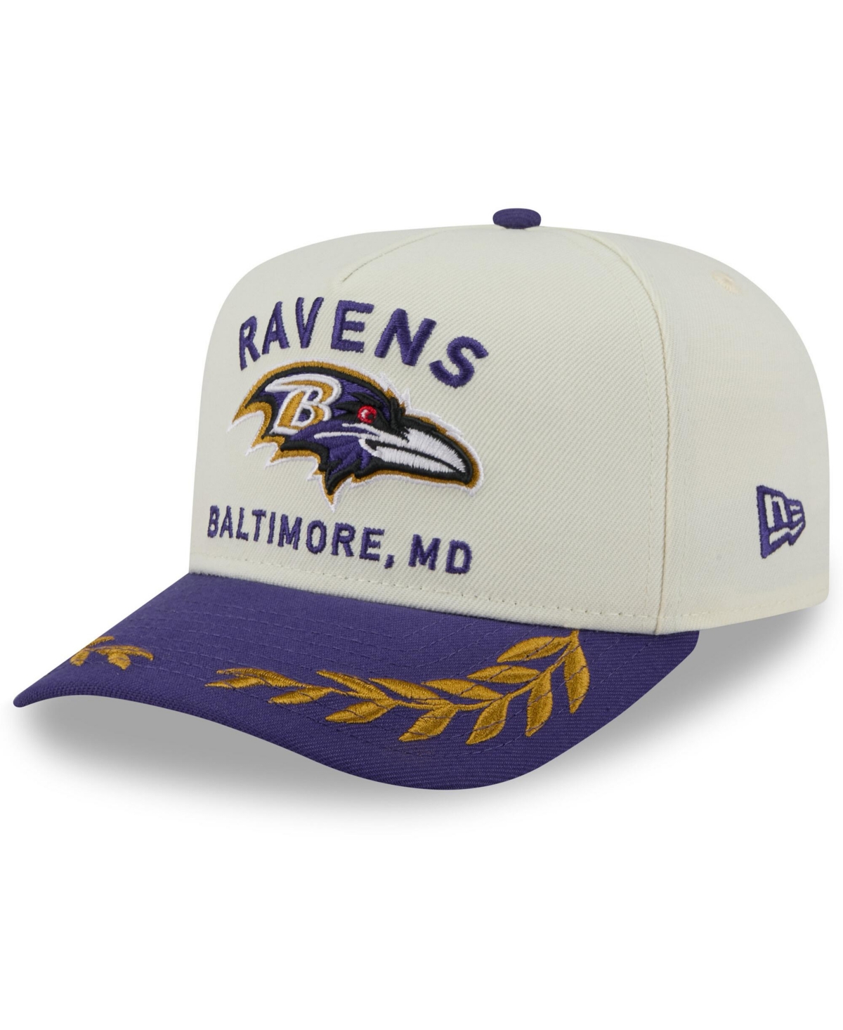 NEW ERA MEN'S CREAM/PURPLE BALTIMORE RAVENS 2025 NFL DRAFT A-FRAME 9FIFTY SNAPBACK HAT 