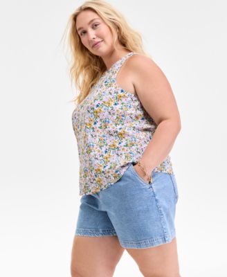 ON 34TH TRENDY PLUS SIZE FLORAL PRINT TANK TOP DENIM SHORTS EXCLUSIVELY AT MACYS 