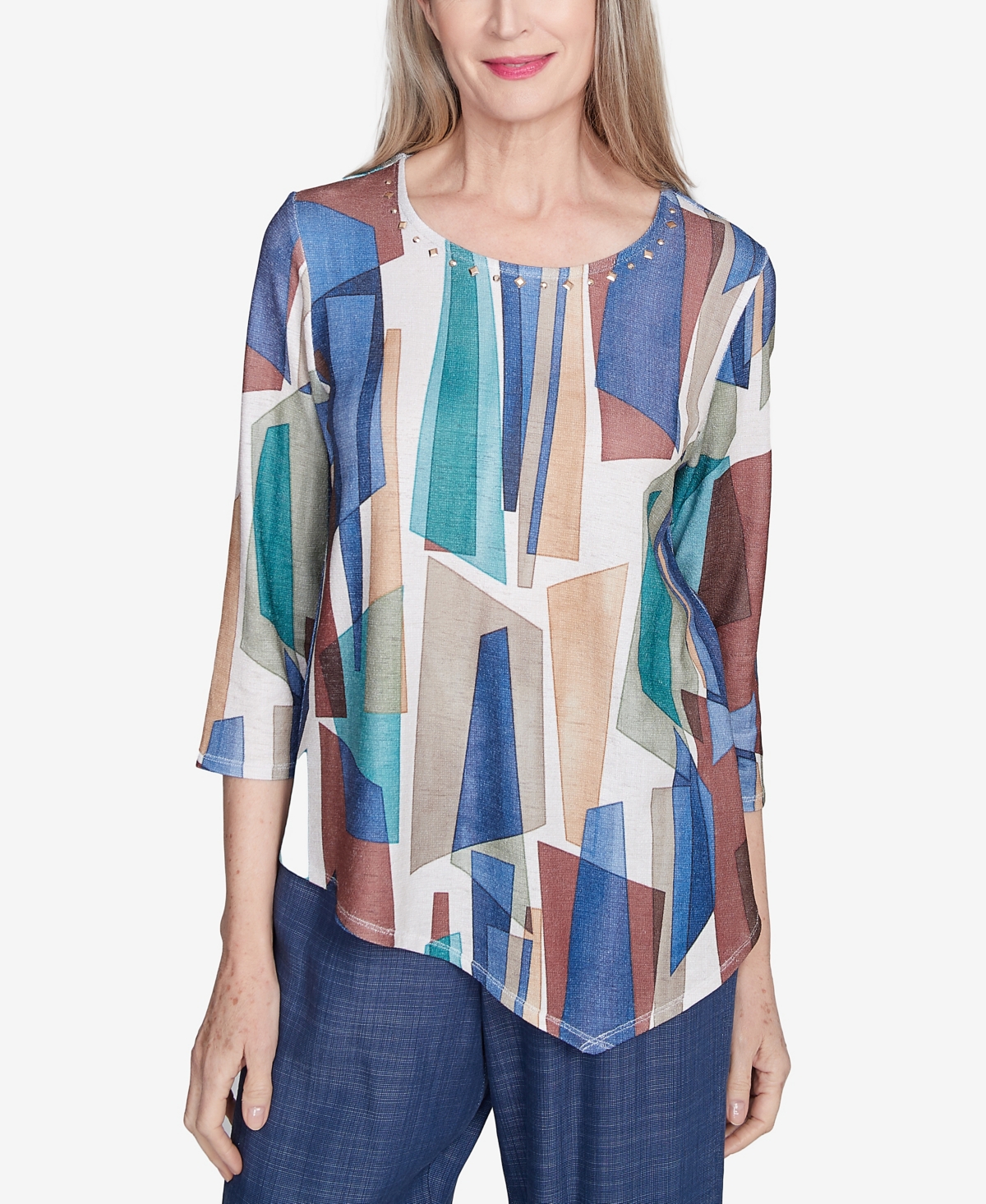 Alfred Dunner Plus Size Summer Solstice Abstract Stained Glass Crew Neck Top In Navy Multi