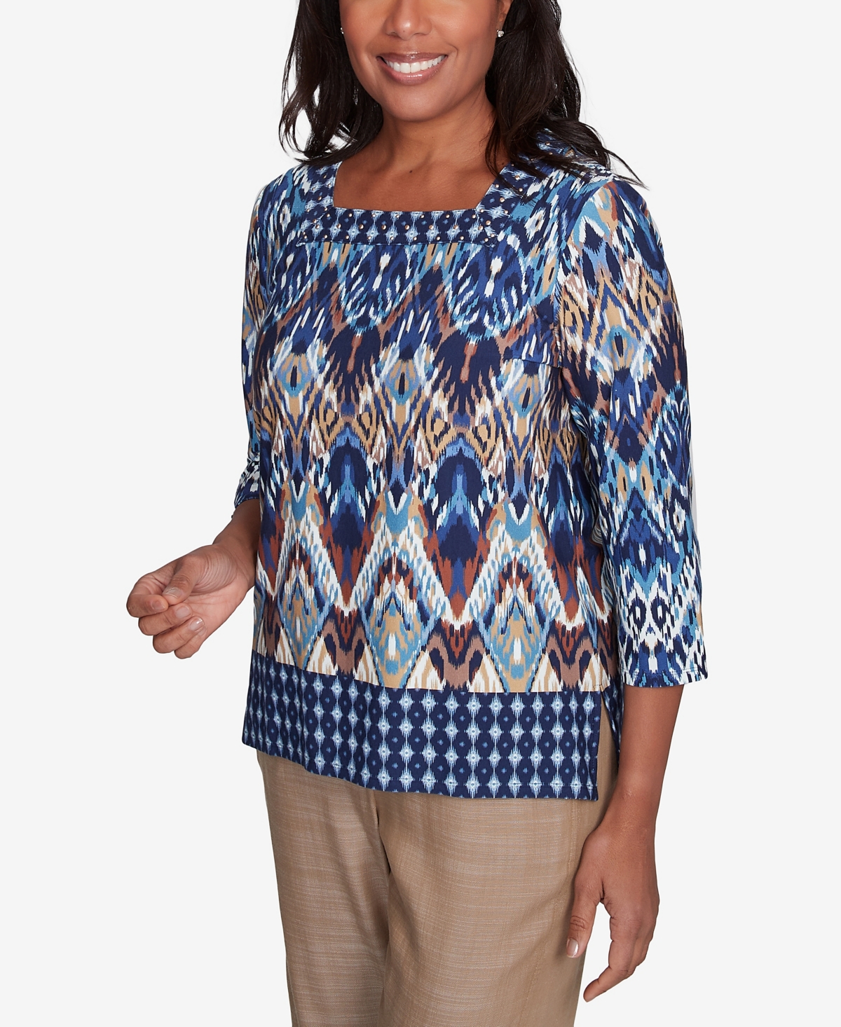 Alfred Dunner Plus Size Summer Solstice Ikat Diamond Border Square Neck Top In Navy Multi