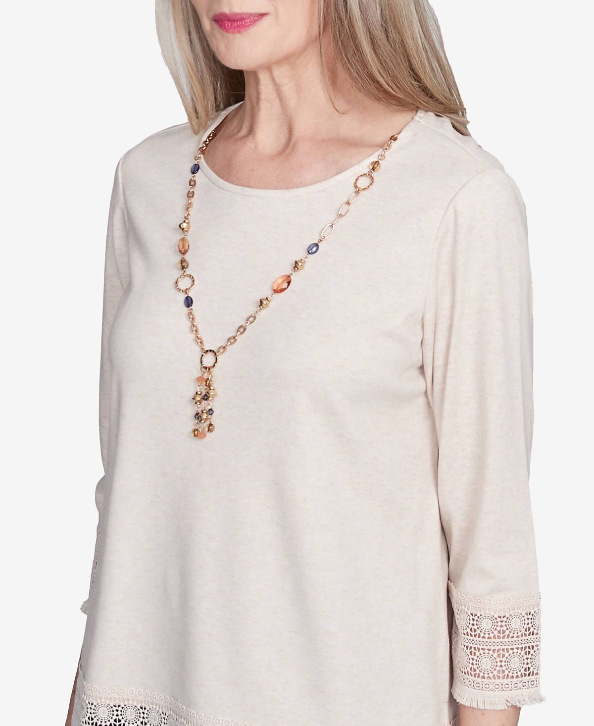 Alfred Dunner Plus Size Summer Solstice Lace Trimmed Knit Top With Necklace In Oatmeal
