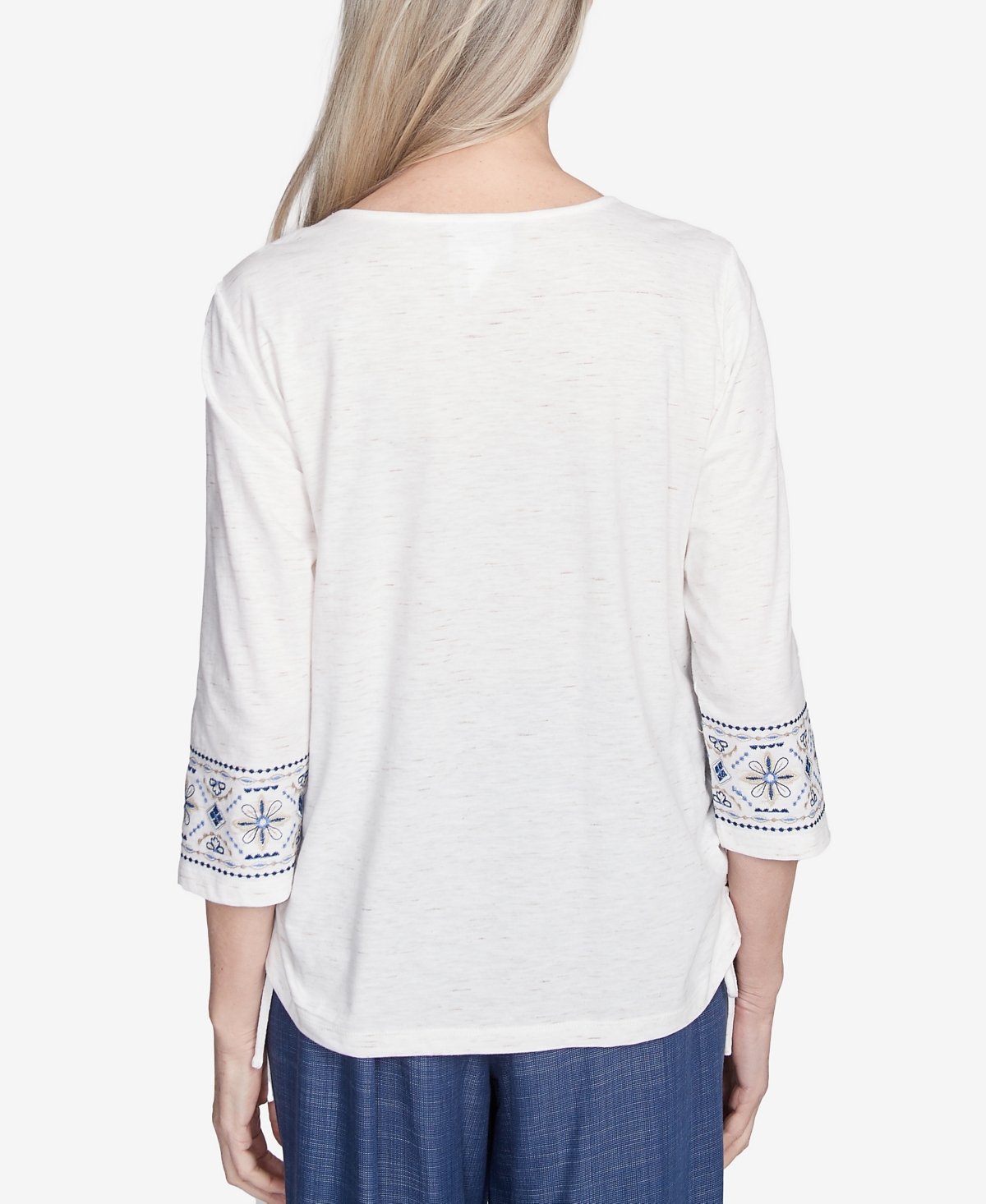 Alfred Dunner Plus Size Summer Solstice Linear Embroidered Tie Sleeve Top In Linen