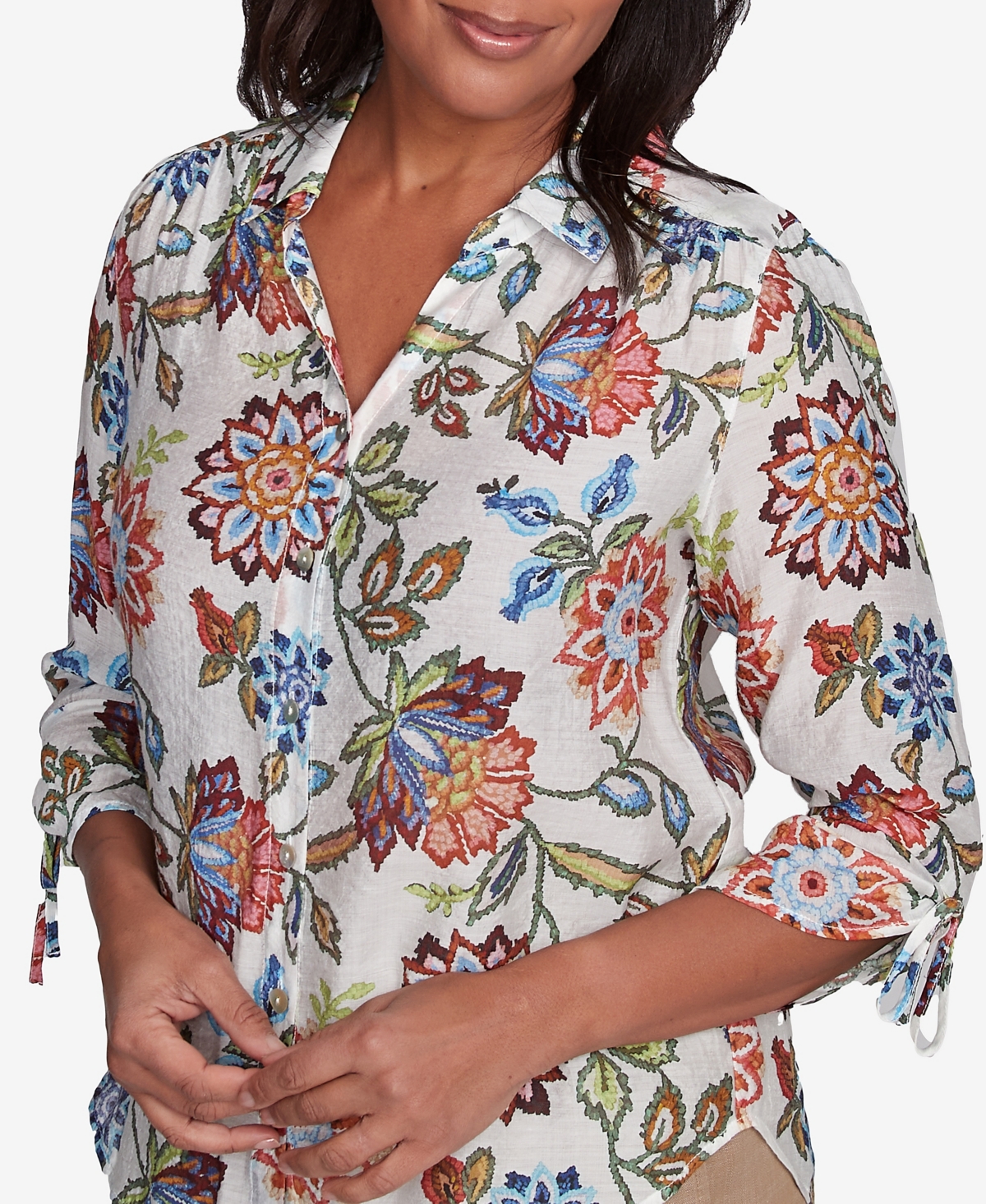 Alfred Dunner Plus Size Summer Solstice Batik Floral Button Front Top In Neutral Multi