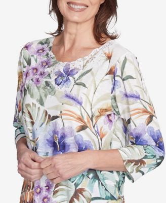 Women's Santa Fe Tropical Floral Border Crew Neck Top