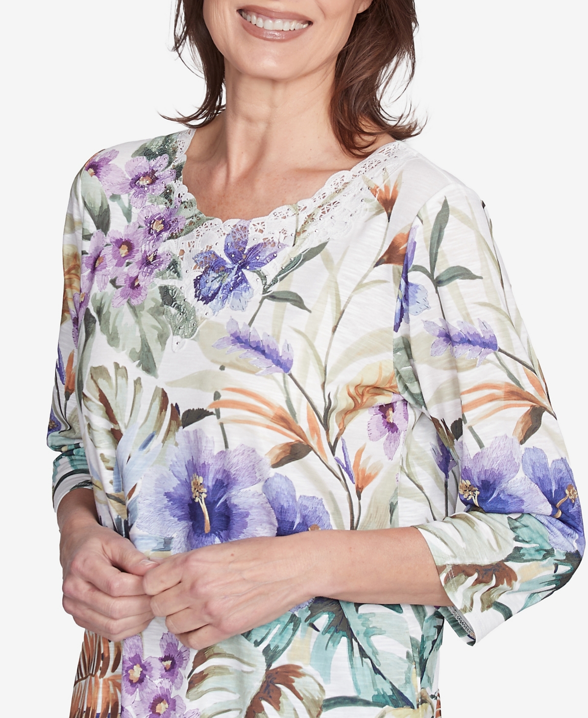 Alfred Dunner Plus Size Santa Fe Tropical Floral Border Top In Aloe Multi