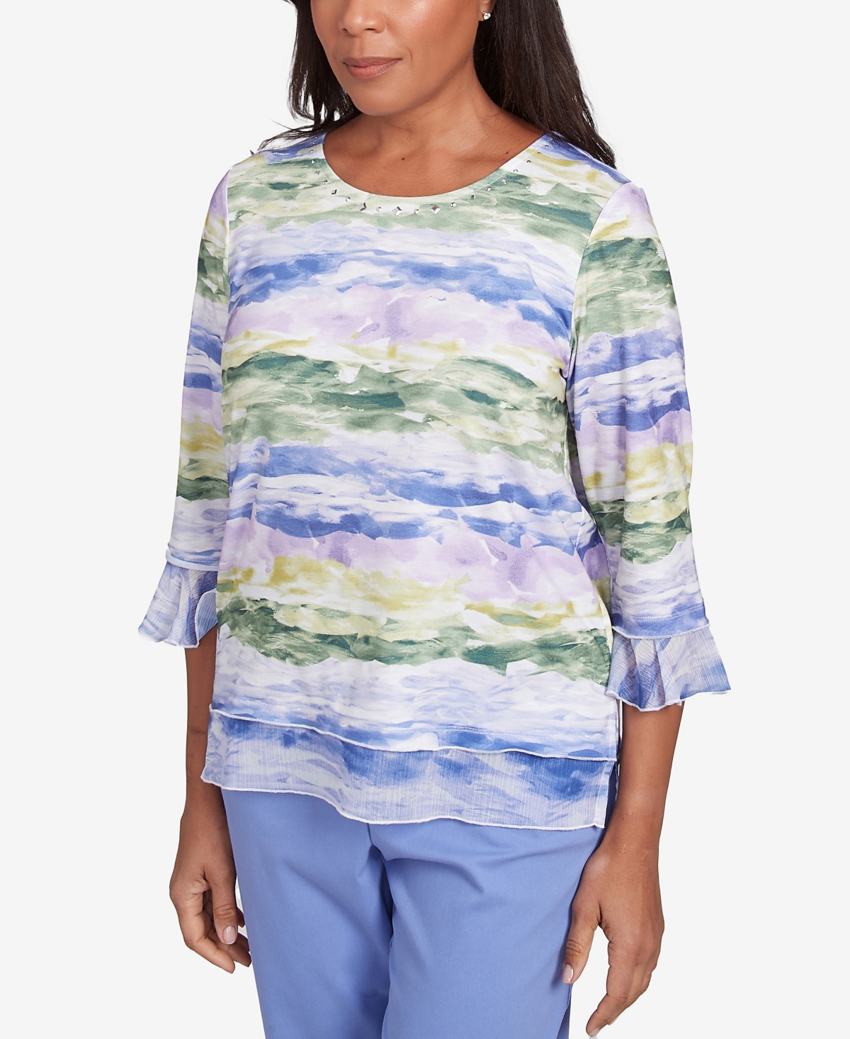 Alfred Dunner Plus Size Santa Fe Watercolor Biadere Striped Crew Neck Top In Iris Multi