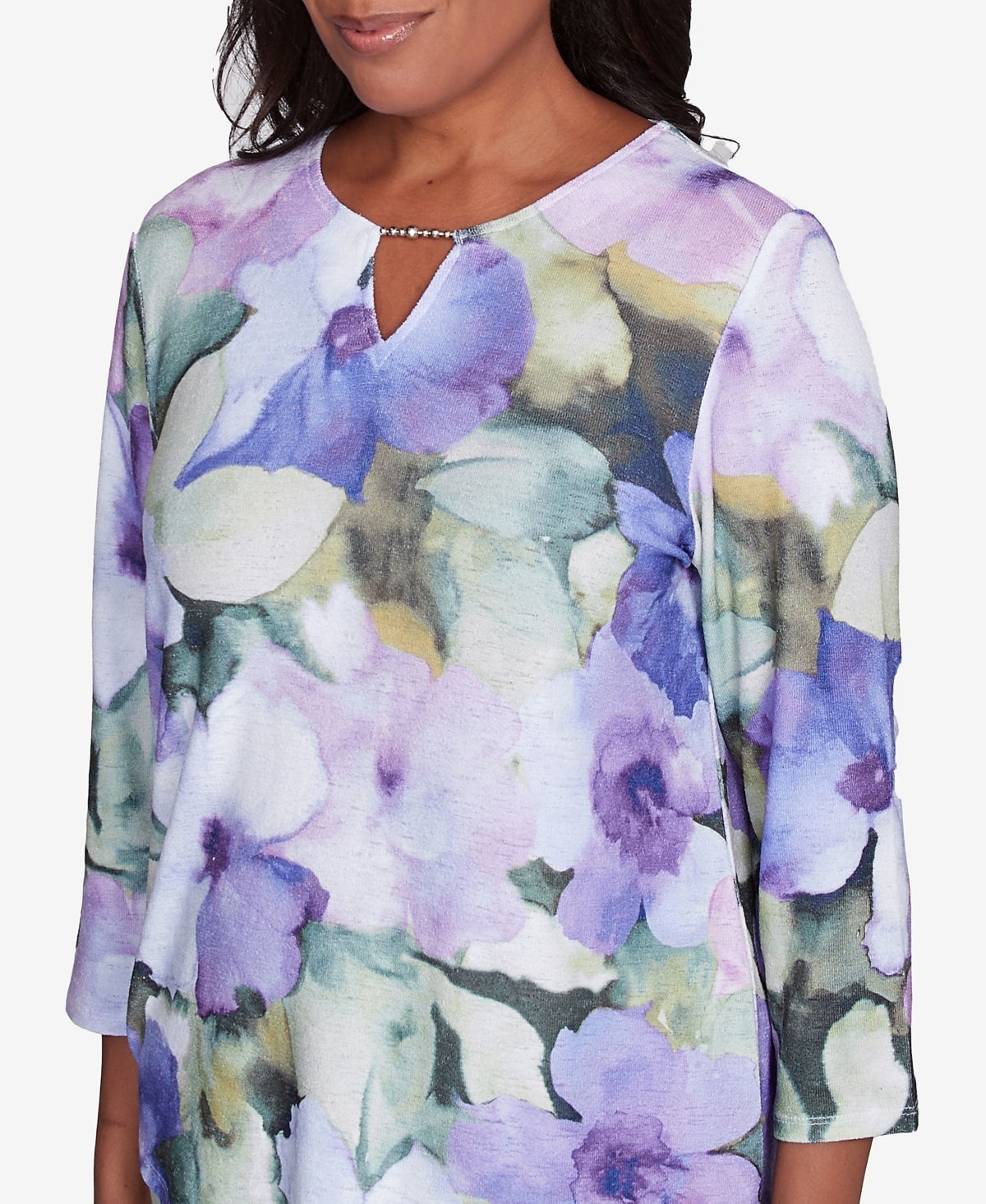 Alfred Dunner Petite Dramatic Pansies Print Three Quarter Sleeve Top In Iris Multi