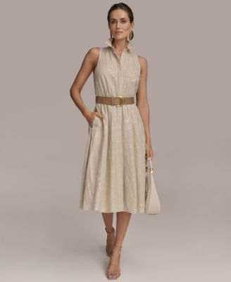 Women's Sequin Embellished Linen Belted Shirtdress