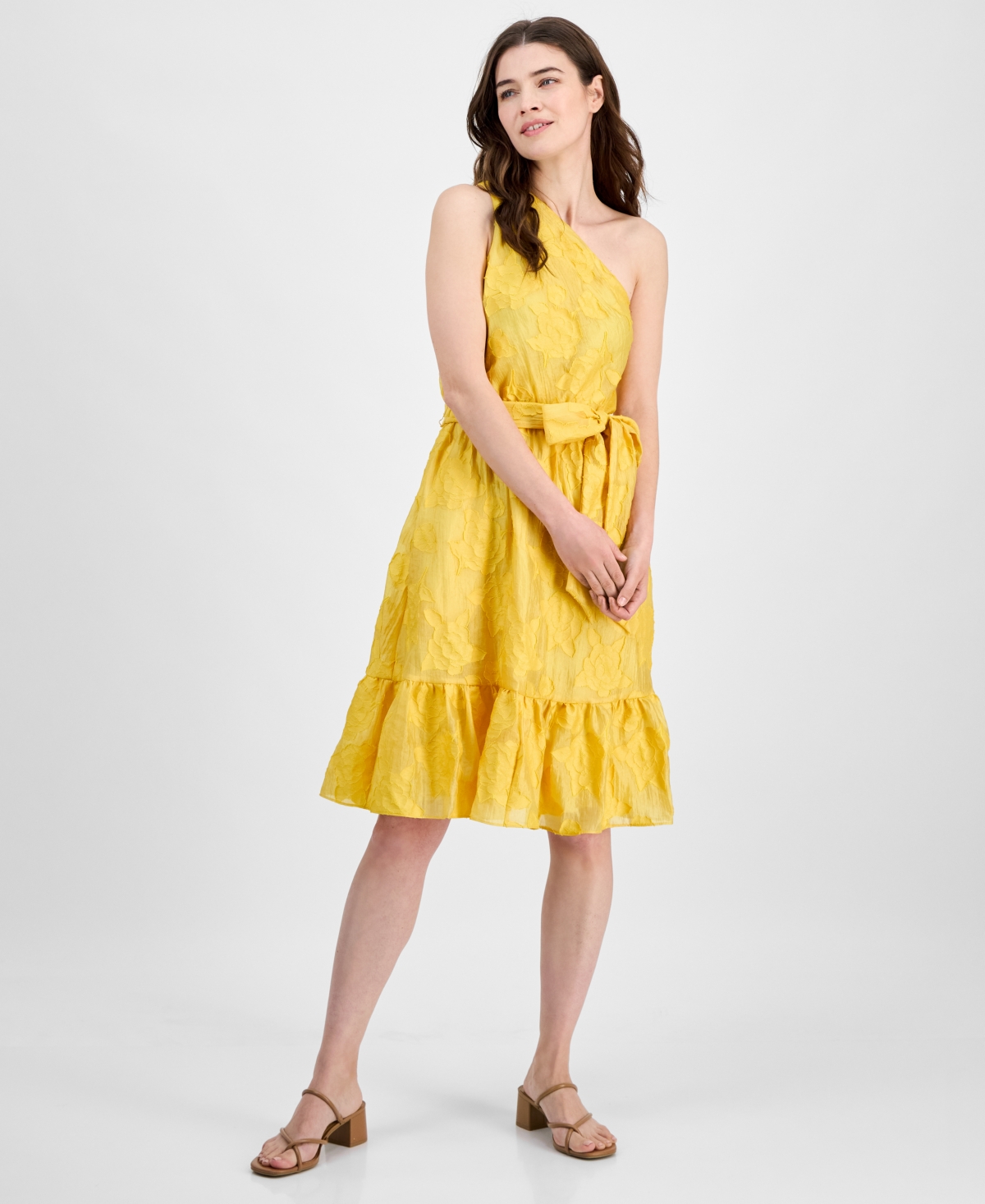 Anne Klein Floral Embroidered One-shoulder Midi Dress In Yellow