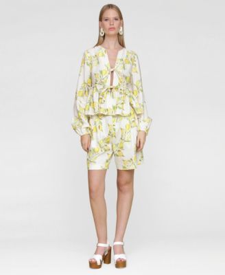 Avec Les Filles Womens Printed Pleat Front Belted Shorts Balloon Sleeve Blouse