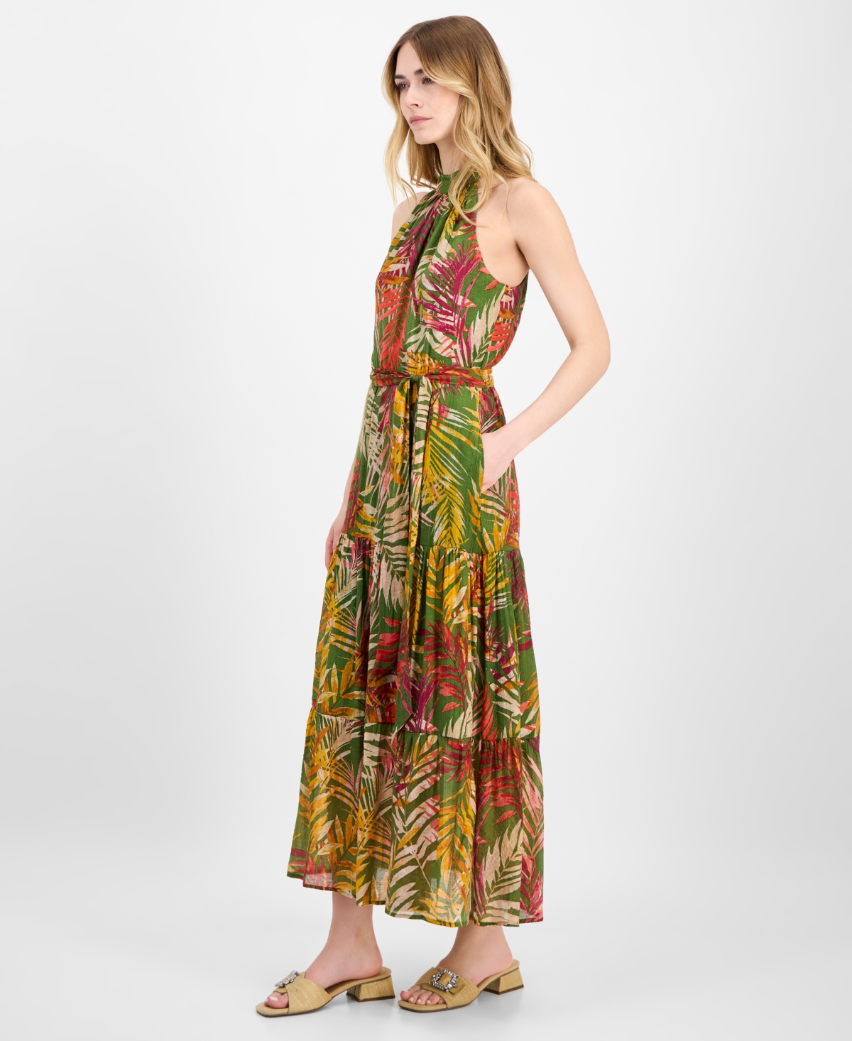 Anne Klein Patio Leaf Print Halter Neck Tiered Midi Dress