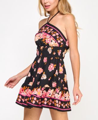 Juniors' Floral-Print Halter-Neck Mini Dress