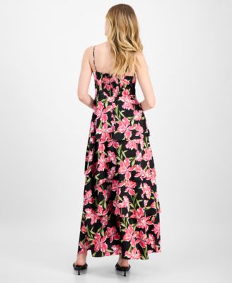 Women's Printed Satin Tiered Cowlneck Maxi Dress