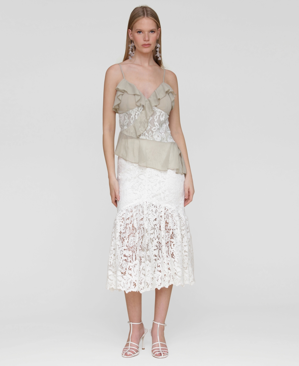 Avec Les Filles Women's Ruffle Lace-panel Asymmetric Top