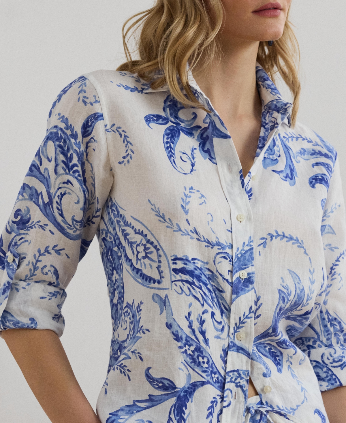 Ralph Lauren Womens Relaxed Fit Paisley 100 Linen Shirt P Xs 3x In Blue