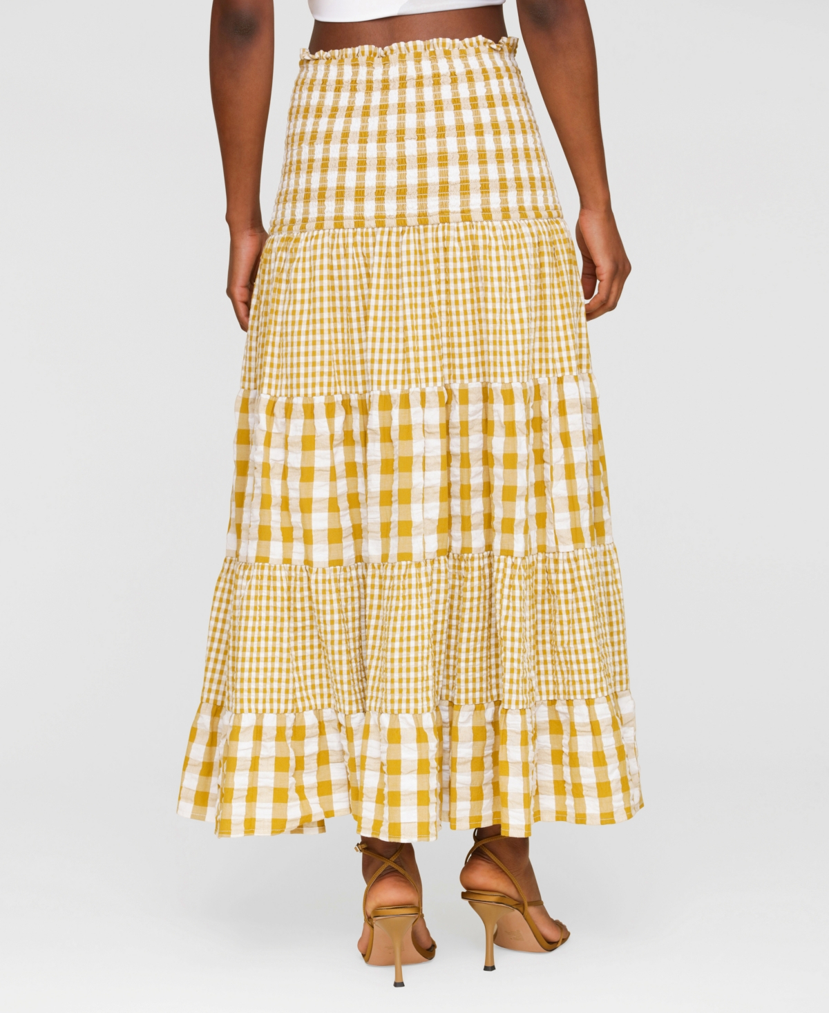Avec Les Filles Mixed Print Tiered Cotton Gingham Maxi Skirt