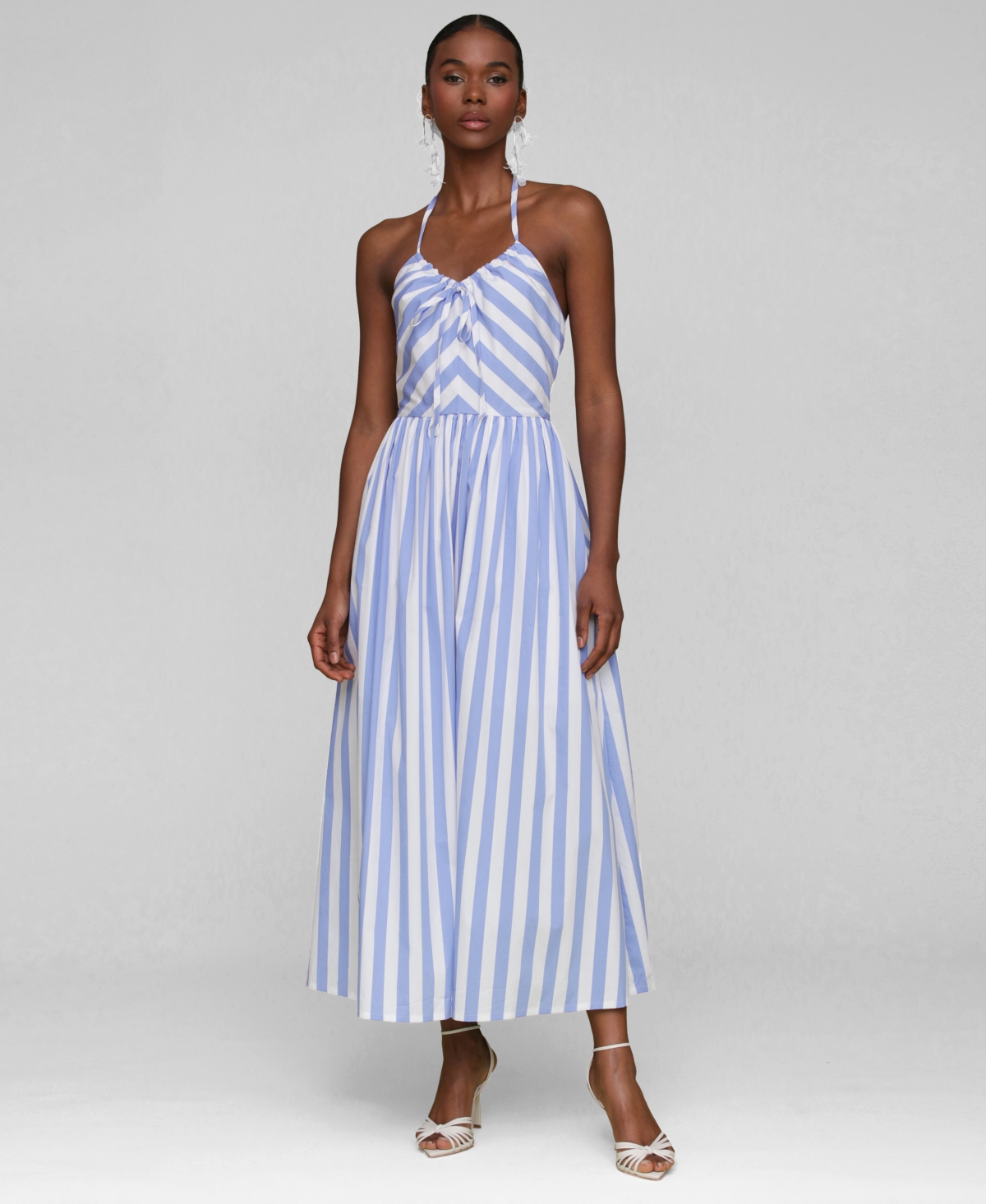 Avec Les Filles Stripe Halter Neck Cotton Blend Midi Dress In Blue