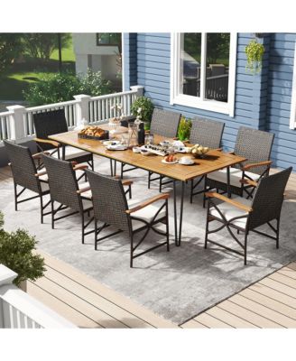 9 PCS Outdoor Patio Dining Set Armchairs Set of 8 & Acacia Wood Square Table