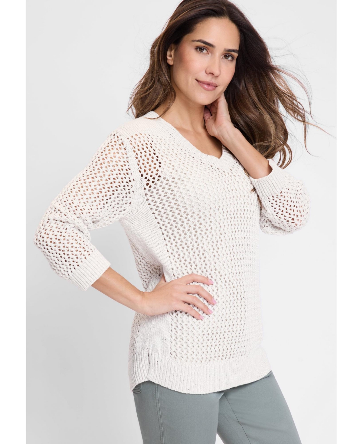 Women's Open Knit Sparkle Pullover - Light stone