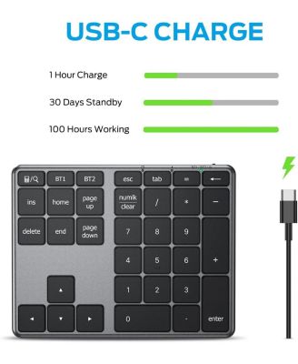 Number Pad, Aluminum Wireless Number Pad for Multi Devices, USB-C Rechargeable, External 34-Keys