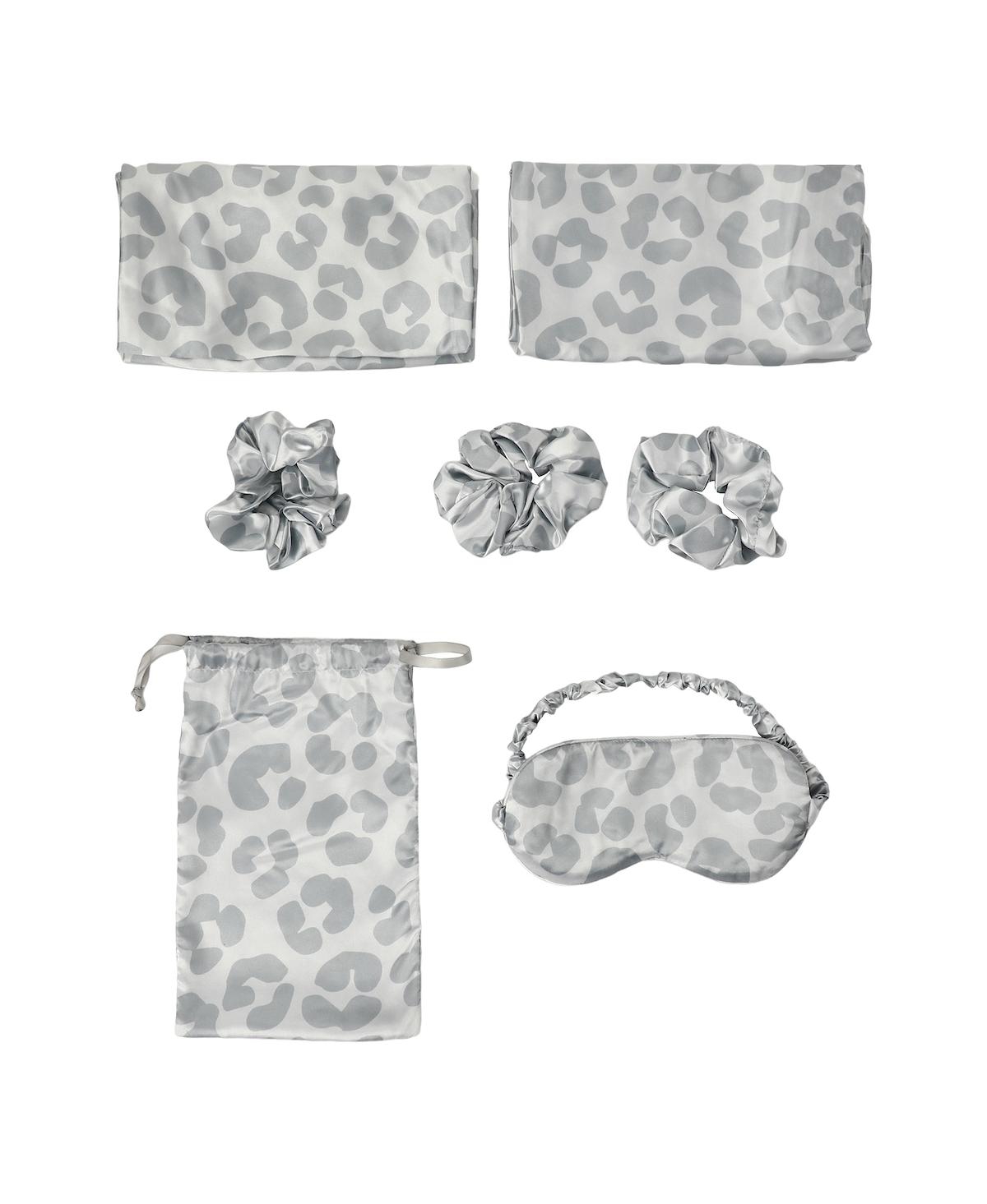Leopard Spots 6-Pack Pillowcase, Eye Mask, & Scrunchies Set-King - Gray