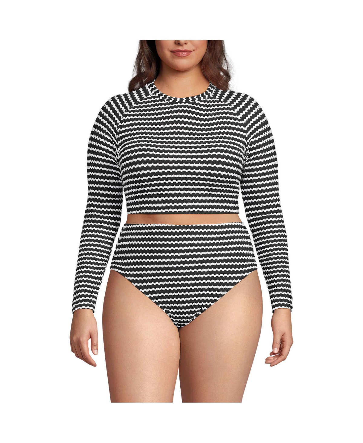 Plus Size Crochet Long Sleeve Bikini Top and High Waisted Bottoms Swimsuit Set - Black/white