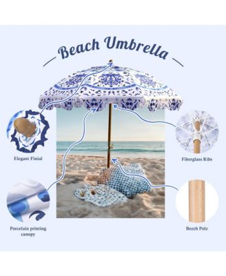 Our Beach Portable Umbrella for Sand Beech Wood Pole Carry Bag with Printed Porcelain Love Cute Garden Parasol