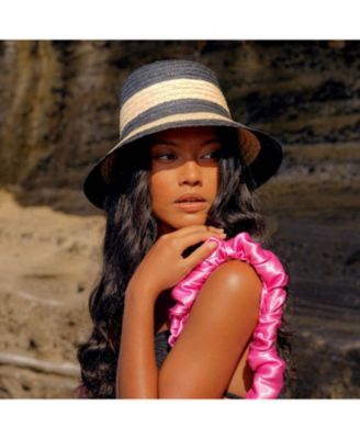 Nona Striped Bucket Palm Straw Hat In Black and Natural