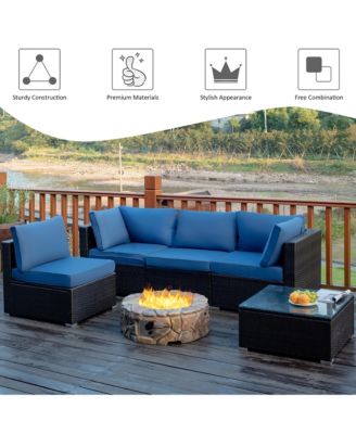 5PCS Patio Rattan Furniture Set Cushioned Sofa Chair Coffee Table