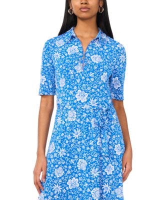 msk short sleeve floral shirt dress Women's MSK Collared Button Down Tiered Dress, Size: Large, Blue