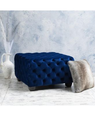 Velvet Upholstered Square Ottoman with Deep Button Tufting and Wood Legs for Living Room or Lounge Seating-The Pop Home